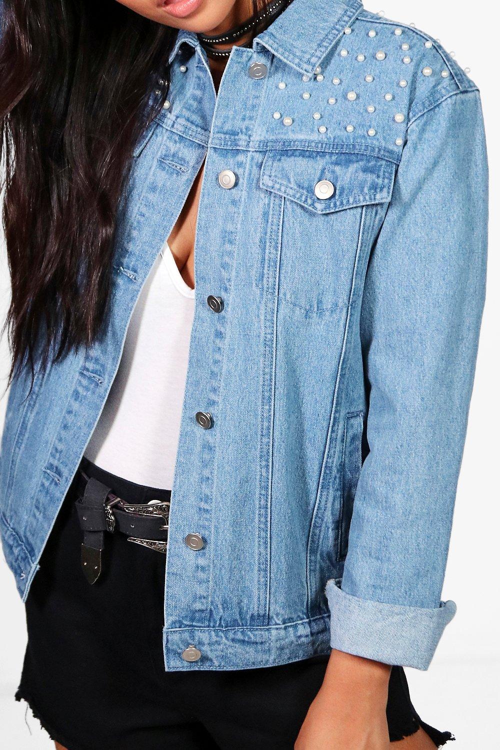 Denim jacket with fashion pearl detail